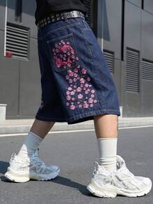 Manfinity EMRG 男士街頭風休閒刺繡黑色牛仔短褲 - 深色水洗藍 - 查看 3