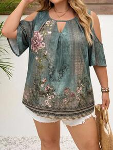 SHEIN CURVE+ Plus Size Women's Floral Print Casual 90s Boho Versatile Everyday Vacation Party Vacation Vacation Outing Shirt Green Summer Vacation - Green - View 3