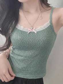 DAZY 女款碎花網紗蕾絲細肩帶背心上衣 - 綠色 - 查看 4