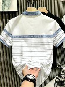 Manfinity Hypemode 復古丹寧風藍白拼色條紋 Polo 衫，小馬標誌印花，藝術領短袖上衣，男女款圖案 T 恤，百搭夏季休閒襯衫 - 彩色 - 查看 2
