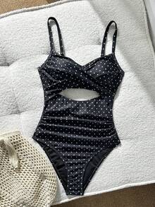 Swim Basics 女款波點鏤空連身泳衣，適合海灘度假、泳池派對、海灘派對 - 彩色 - 查看 3