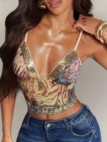 Denimoi Sexy Animal Print Sequin Decor Cami Top, Summer Going Out, Party Top - Multicolor - View 4