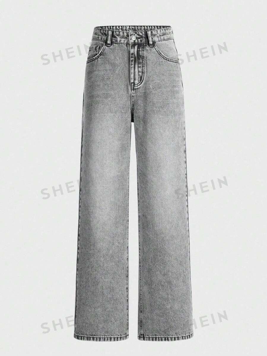 SHEIN 少女复古波西米亚风都市浅色水洗松紧腰直筒牛仔裤,配有扁平口袋 - 淺灰色 - View 1