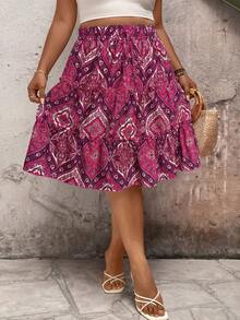 EMERY ROSE Holiday Frill Trim Women's Contrast Color Rope Multi-Function Casual Positioning Floral Plus Size Skirt - Multicolor - View 5