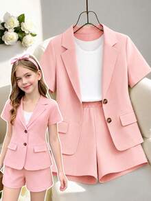 SHEIN Summer Thin Short-Sleeved Suit Set For Teens, New Elegant Style Performance And Speech Outfit - Pink - View 5