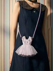 Joivida 1Pc/2Pcs Lace Skirt Ballet Phone Bag, Pearl Chain Hollow Mesh Bag, Cute Bow, High-End Shoulder Bag - multicolor - View 2