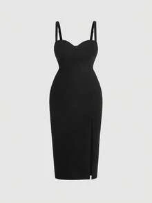 SHEIN MOD 大碼高衩吊帶連衣裙 - 黑色 - 查看 3