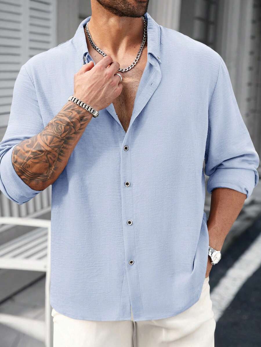 Manfinity CasualCool 男士大尺碼紋理休閒單排扣長袖襯衫 - 藍色 - 查看 1