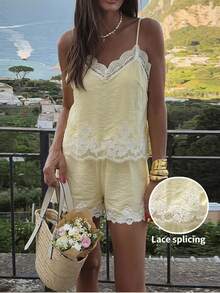 Serisse Women's 2 Pieces Solid Color Lace Trim Camisole And Shorts Set - Yellow - View 1
