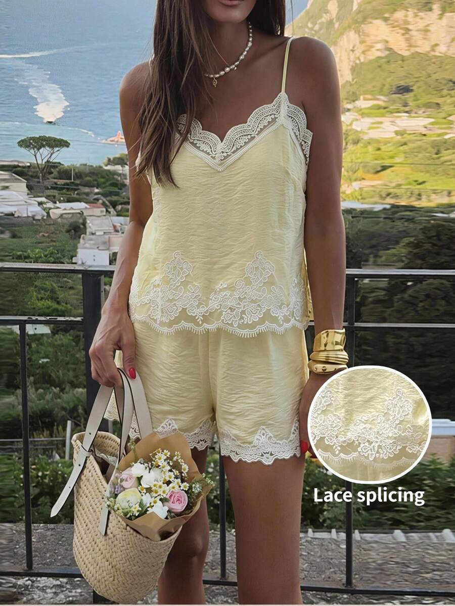 Serisse Women's 2 Pieces Solid Color Lace Trim Camisole And Shorts Set - Yellow - View 1