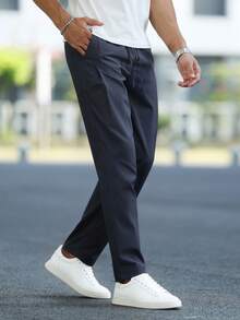 Manfinity Homme Solid Color Versatile Drawstring Pocket Casual Pants - Navy Blue - View 6