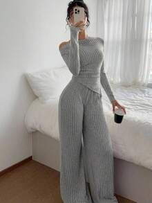 CovetEZ 两件套 女士休闲纯色斜肩上衣和裤子 - 灰色 - 查看 2
