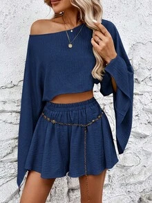 Breezaya Solid Color Cape Sleeve Cropped Top And Shorts Set - Navy Blue - View 6
