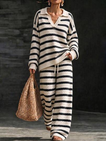 SHEIN French Vacation Style Black & White Striped Knit Set For Women, Lapel Tie Long Sleeve Top & Wide Leg Pants 2 Pieces Set