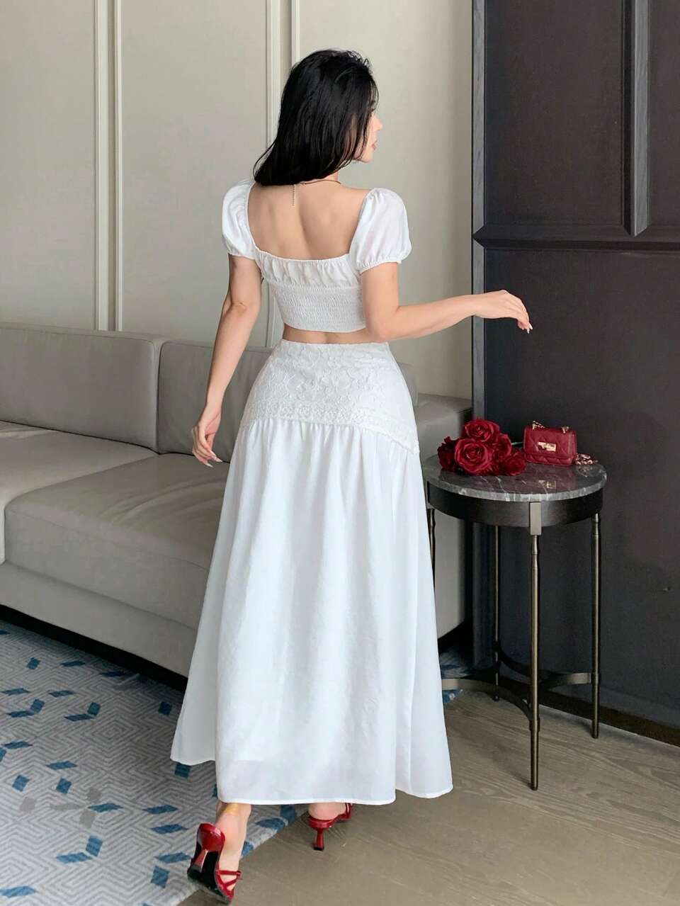 Summer Square Neck Puff Short Sleeve Lace Patchwork Cropped Top With White A-Line Long Skirt Women 2 Pieces Set Lounge Sets For Women