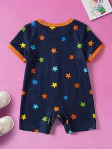 Nick 90s | SHEIN Baby Boy Cartoon Print Round Neck Short Sleeve Romper - Navy Blue - View 2