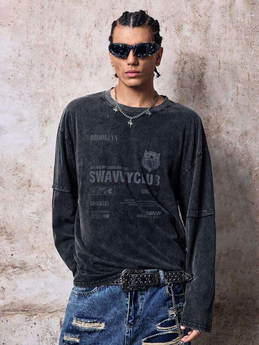 Skyrend 男士标准尺码春秋季休闲长袖T恤，黑色撞色印花，圆领 - 黑色 - 查看 1