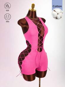 Bumpella Cross-Cutout Backless Sexy Sleeveless Jumpsuit For Women - Pink - View 5
