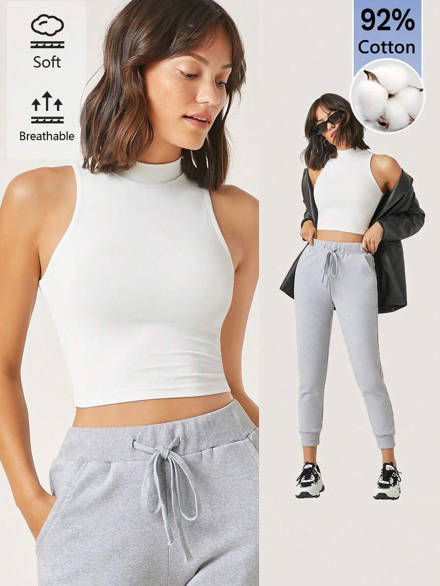 SHEIN BASICS Women's Solid Color Fitted Cropped Casual Versatile Tank Top - White - View 1