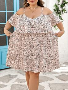 SHEIN CURVE+ 大尺碼 US22 音樂節海邊度假波西米亞風女款花卉露肩荷葉邊下擺洋裝，沙灘度假裙，波西米亞風夏季度假穿搭 - 杏色 - 查看 12