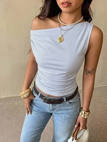 Auralis Plus Size Women's Striped Casual Sexy Off-Shoulder Ruched Fitted Tank Top - White - View 1