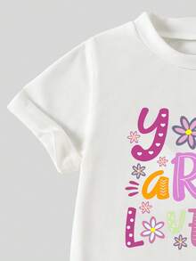 SHEIN 2pcs/Set Young Girls Casual Loose Short Sleeve T-Shirt And Elastic Waist Cargo Pants Outfit - Purple - View 3