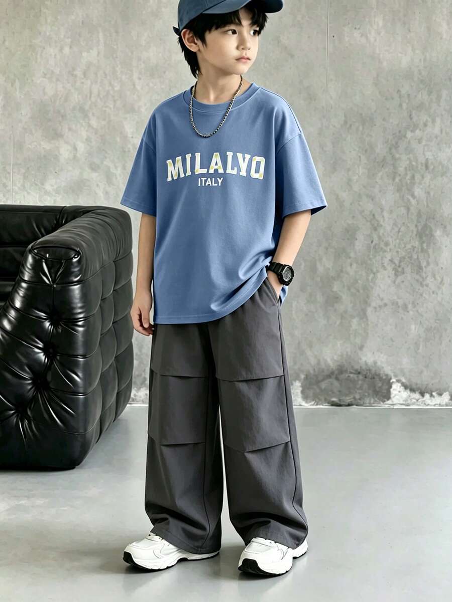 SHEIN Casuvi Kids Tween Boy Letter Print T-Shirt And Long Pants 2 Pieces Set - Multicolor - View 1