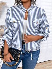 Momelise Plus Size Striped Pocket Zipper Hem Drawstring Jacket Fall - Blue - View 1