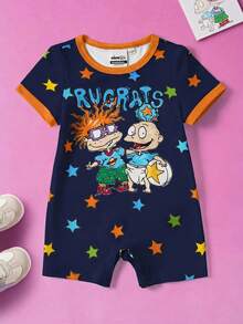Nick 90s | SHEIN Baby Boy Cartoon Print Round Neck Short Sleeve Romper - Navy Blue - View 1