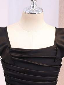 Tween Girls Elegant Back To School Wedding Cocktail Party Season Premium Satin Strap Ruffle Ribbon Ruched Dress Summer Black Autumn Winter - Black - View 7
