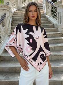 Aloruh Women's Elegant Square Neck Asymmetrical Batwing Sleeve Satin Printed Blouse - Multicolor - View 2