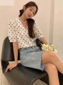 DAZY Polka Dot Puff Sleeve Blouse - Beige - View 8