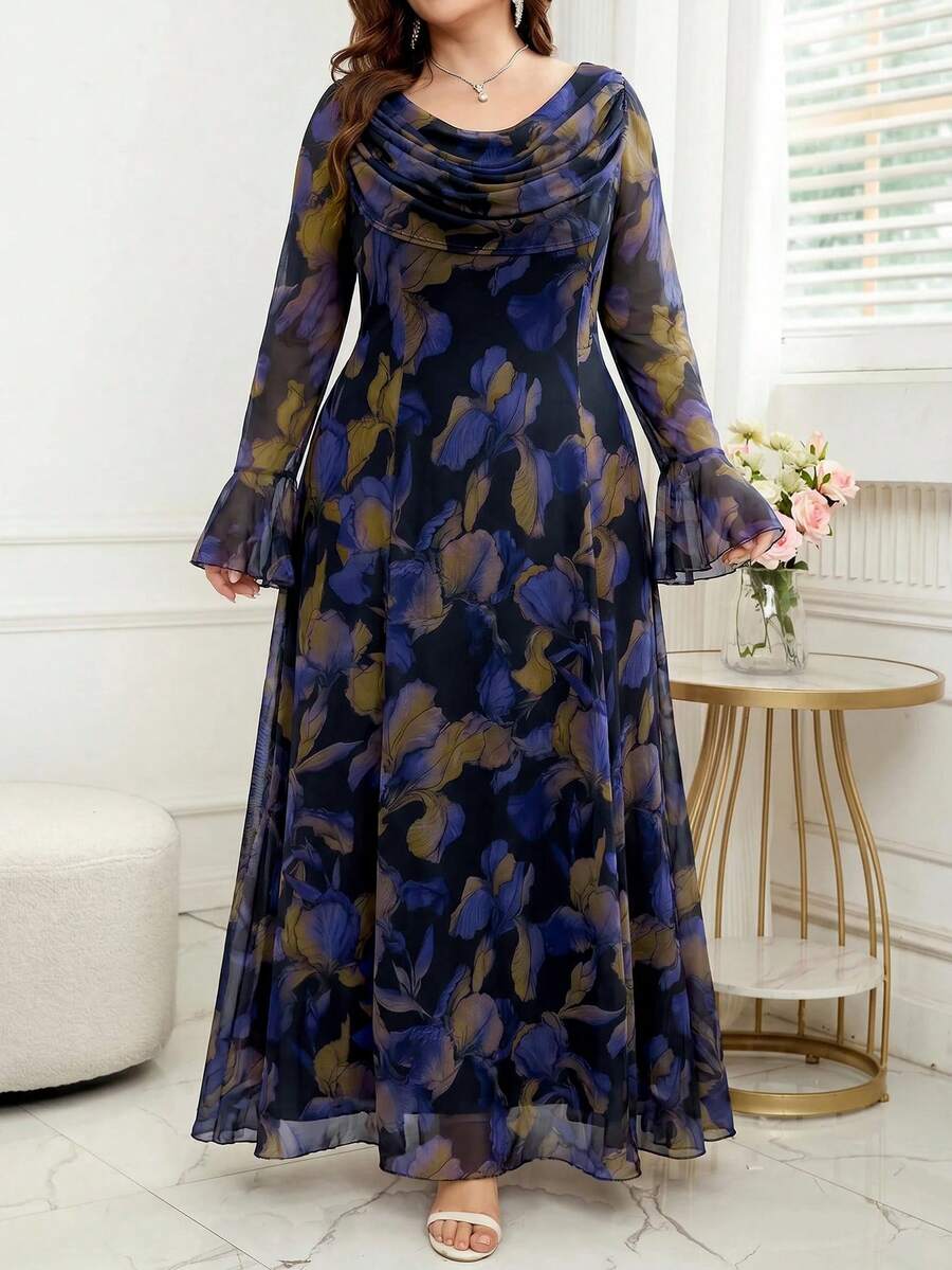Reflora Plus Size Cowl Neck All-Over Print Casual Party & Travel Dress Fall - Blue - View 1