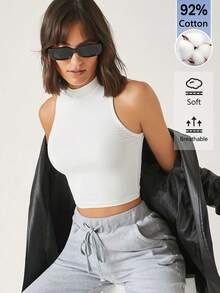 SHEIN BASICS Women's Solid Color Fitted Cropped Casual Versatile Tank Top - White - View 5