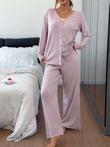 DAZY Women's Comfortable Lace Patchwork Single-Breasted Long Sleeve Top And Casual Long Pants Pajama Set Fall - Purple - View 3