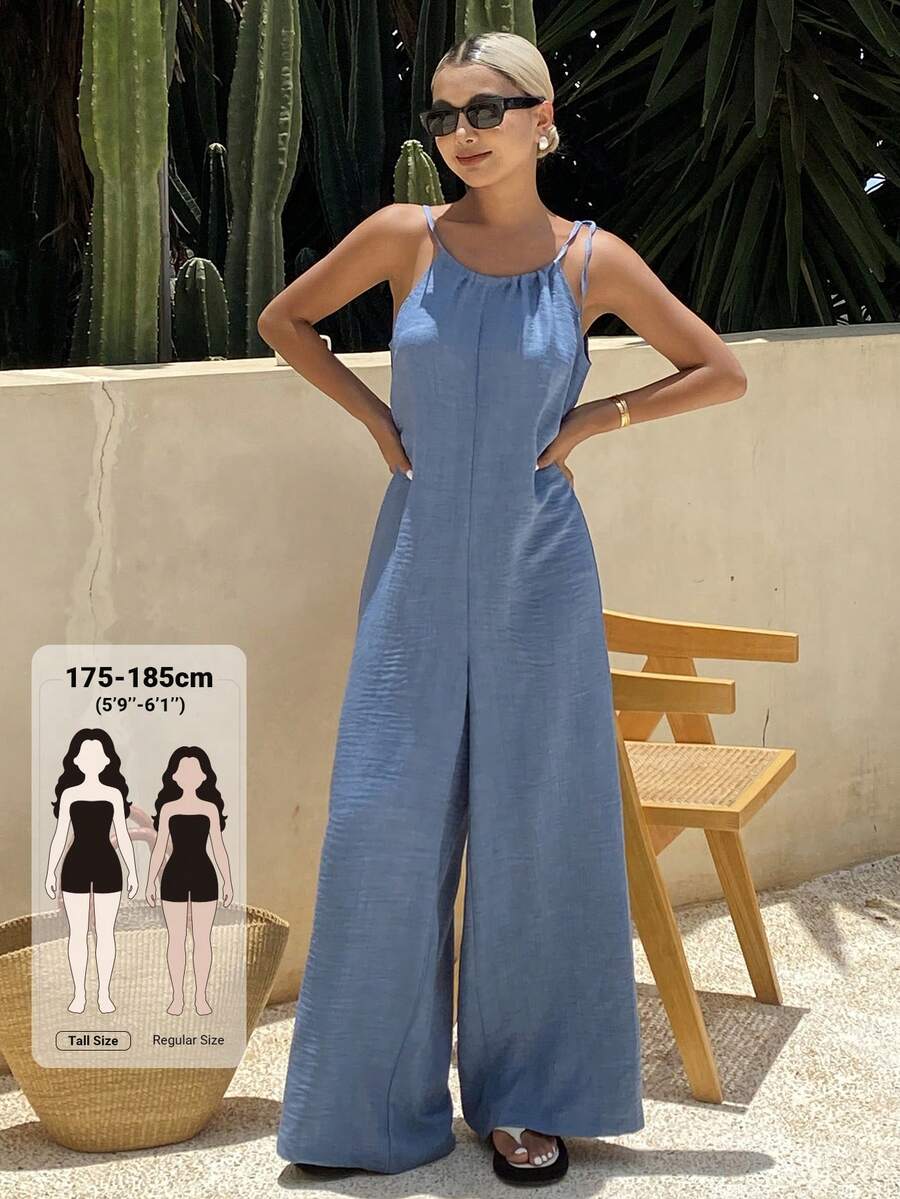 Livesso Tall 女款夏季綁帶無袖細肩帶長版度假風連身褲 - 中等水洗藍 - 查看 1