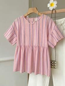 SHEIN EZwear 女款圓領條紋百褶休閒日常穿著襯衫 - 彩色 - 查看 5