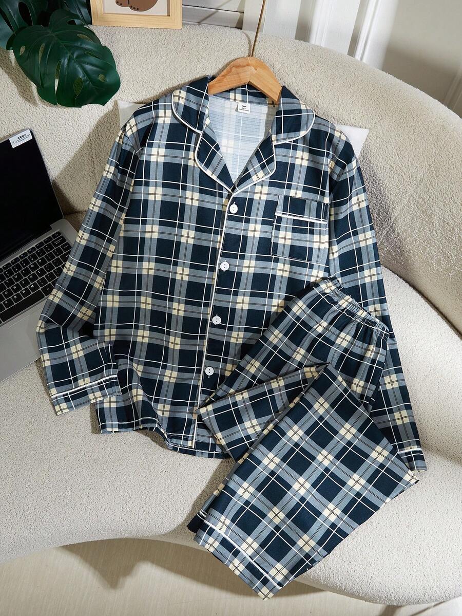 學院風復古格紋開襟翻領長袖褲子休閒兩件套,舒適居家服,適合青少年男孩 - 彩色 - 查看 1