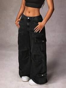 SHEIN PETITE Women's Casual Distressed Wide Leg Denim Jeans ,Petite Women - Black - View 6