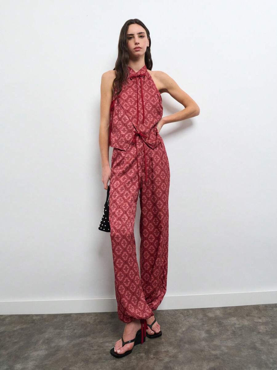 Nöista Summer Fashion Vintage All-Over Print Halter Top And Long Pants Set - Red - View 1