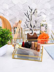 Luxury Gold Octagon Mirror Glass Vanity Tray For Cosmetic Perfume Storage, Retro Hex Embossed Glass Coasters With Golden Brass Edging, Anti-Slip Dining Table Trinket Mats. - gold - View 9