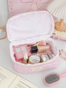 1pc Pink Plaid Quilted Cosmetic Bag – Large Capacity Travel Toiletry Organizer, Makeup Brush Storage Pouch For Vacation - Pink - View 2