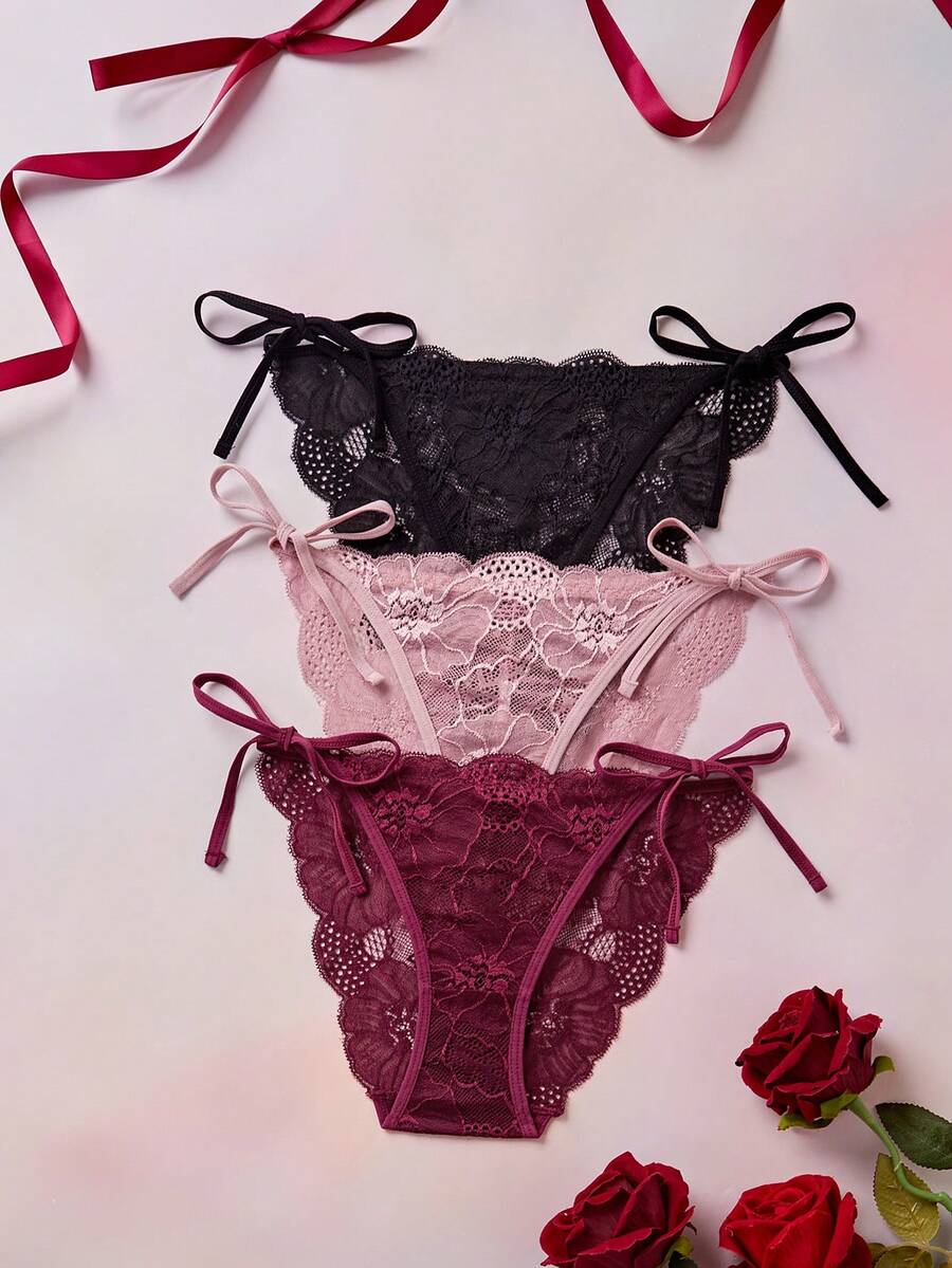 Elorette 3入組女士蕾絲三角褲,側邊綁帶和花朵細節的內衣 - 彩色 - 查看 1