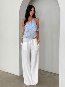 Aloruh Women's Solid Color Ruffle One Shoulder Sleeveless Blouse - Baby Blue - View 5