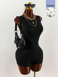 Amplova Women's Solid Color Backless Round Neck Sleeveless Fashionable Minimalist Tight Jumpsuit, Summer - Black - View 5