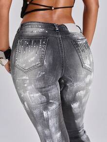 ACID BLVD Fall Y2K Hot Street Style Rhinestone Sequin Embroidered Pocket Distressed Washed Ultra Low Waist Straight Leg Slim Fit Bootcut Jeans - Black - View 2
