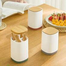 Retractable Pop Up Toothpick Holder With Bamboo Lid, Multi Compartment Toothpick Dispenser Storage Organizer, Portable Auto Toothpick Case Container For Kitchen Countertop Dining Table, Grey & White - View 5