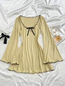 Elamini Soft Pure Sweet Contrast Color Ruffle Bow Tight Elastic Flared Long Sleeve Mini Dress - Light Yellow - View 1