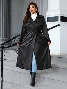 Reflora Plus Size Fashion Street Button PU Material Long Sleeve Trench Coat Fall - Black - View 4