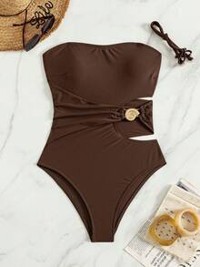 Swim Chiccia 女款純色細肩帶鏤空腰側巧克力棕色環飾連身泳衣，海灘派對夏季性感款 - 咖啡棕 - 查看 3